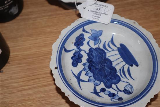 Four Chinese blue and white footed dishes largest diameter 20cm